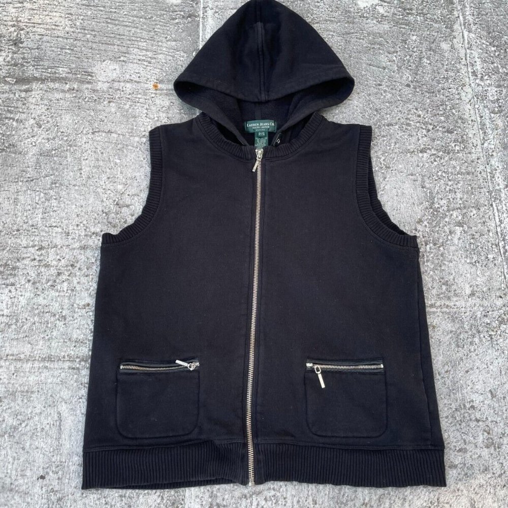 Ralph Lauren Petite Women Vest Black Cotton Hooded Zip Up Vest Size PS - Picture 1 of 11
